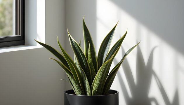 Snake plant (Sansevieria) in modern black planter, minimalistic room corner
- Powered by Adobe