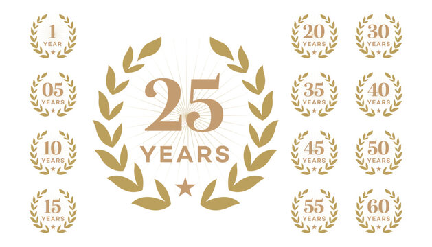Anniversary Logos 1, 5, 10, 15, 20, 25, 30, 35, 40, 45, 50, 55, 60 Years  Gold Laurel Wreath Design