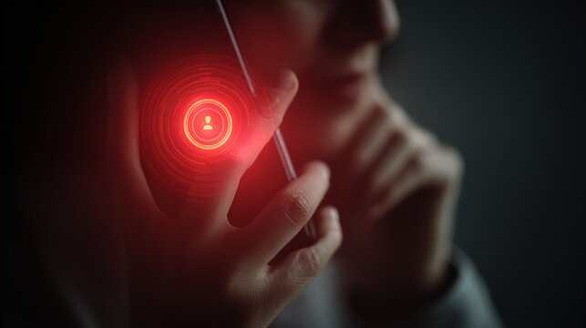 Close-up of a young adult male holding a smartphone with a glowing notification symbol, set against a dark background.