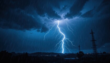 Dramatic Lightning Storm Over Dark Cloudy Sky with Power Lines - Nature's Intense Weather Phenomenon for Creative and Commercial Use