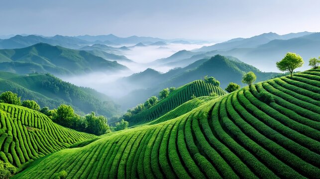 tea plantation, green hills, mist, terraces, morning light, scenic view, agriculture, peaceful, curved rows, landscape, serenity, foggy, highlands, plantation field, lush hills, sunrise, calm, slope, 