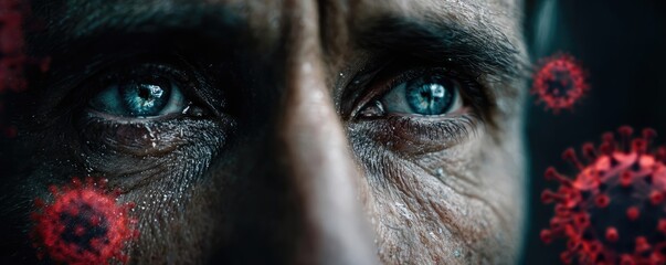 Weak immune in fatigue effect concept. Close-up of a man's eyes reflecting fear of the virus outbreak.