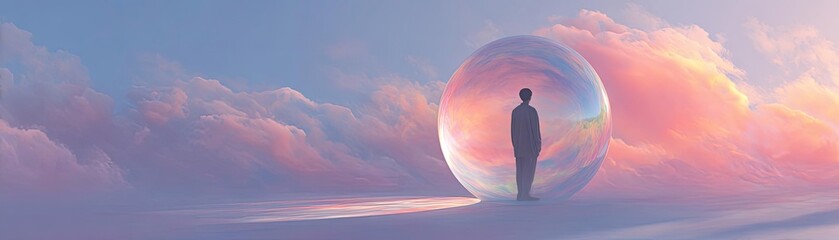 Weak immune in fatigue effect concept. A person stands in a surreal bubble amid colorful clouds.