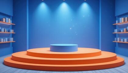 Modern Product Display Stage with Circular Platform and Blue Background for Retail, Presentation, or Advertising Use