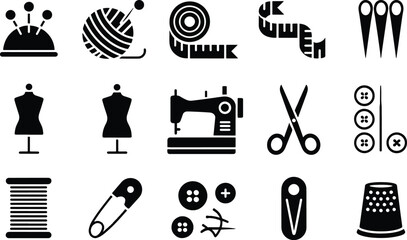 Sewing and tailoring tools black icon set ,solid vector symbols of sewing machine, spool, mannequin, buttons, scissors, and measuring tape