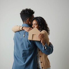 Happy Couple Embracing with House Model in Hand, Celebrating New Home Purchase or Real Estate Success