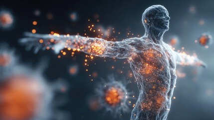 Weak immune in fatigue effect concept. A digital representation of the human body's defense system.