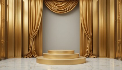 Elegant Gold Curtain Stage with Circular Platform for Events and Performances
