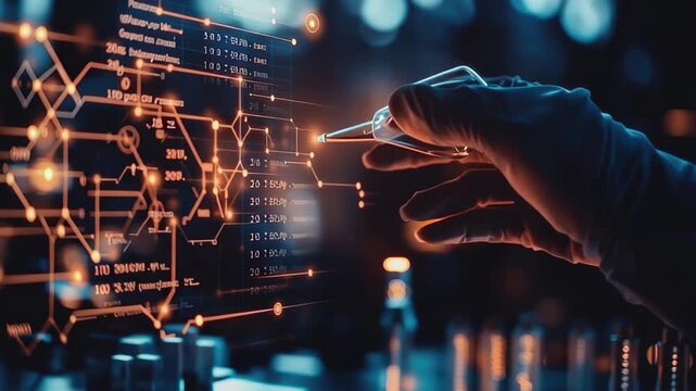 Chemical formula exploration and data processing by a scientist in a laboratory setting, chemical formula and data processing over scientists doing experiment - Powered by Adobe