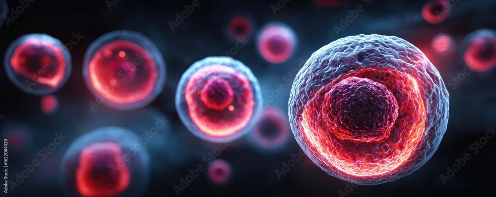Poster weak immune in fatigue effect concept. microscopic view of glowing cells on dark background.
