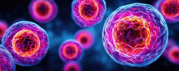 Weak immune in fatigue effect concept. Colorful depiction of microscopic cells on a digital background.