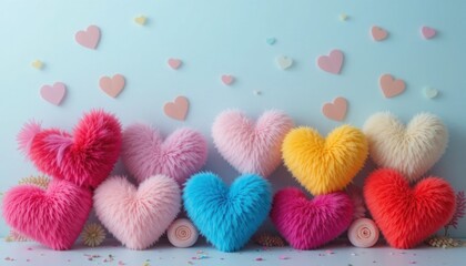 Colorful Plush Heart Decorations with Confetti and Rolled Paper Elements for Romantic, Festive, or Valentine's Day Themes
