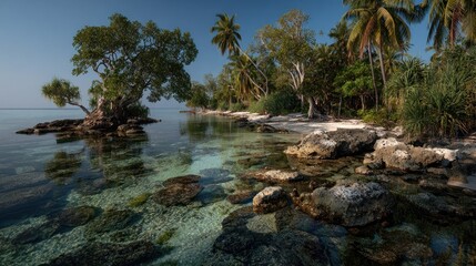 Tranquil island beach with crystal-clear water and lush vegetation