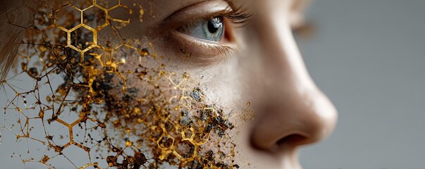 Weak immune in fatigue effect concept. A close-up of a face with a mixed media honeycomb texture.