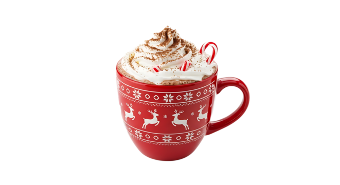 Festive Red Nordic Mug of Steaming Hot Chocolate with Whipped Cream and Candy Cane. PNG Transparent Background