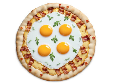Fried Egg and Bacon Pizza A breakfast-inspired pizza with a crispy crust, topped with crispy bacon, a fried egg, mozzarell