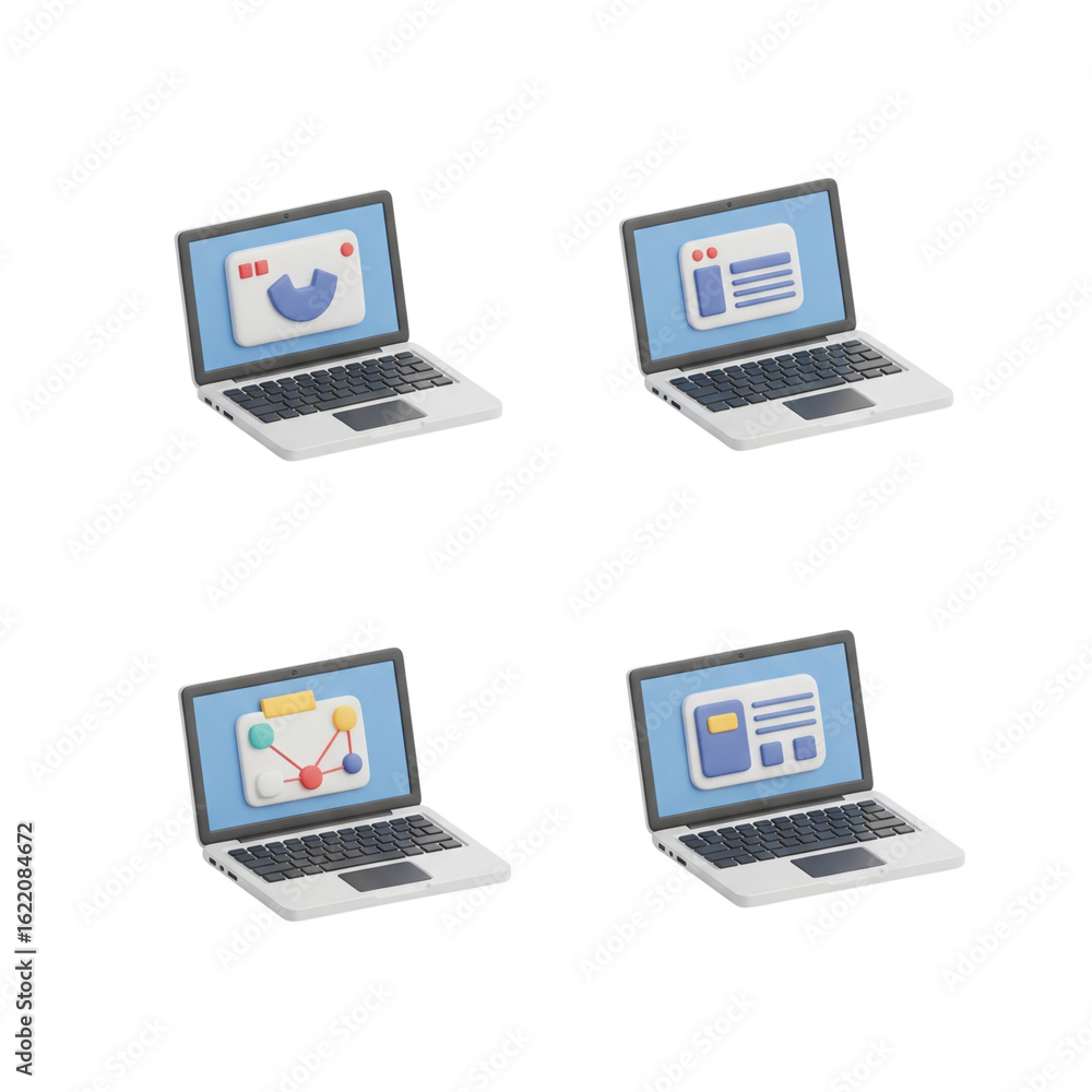 Poster four open laptops displaying various screens