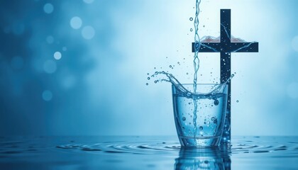 Elegant Christian Cross with Water Splash in a Glass, Symbolizing Faith and Spirituality, Modern Religious Concept, Artistic Worship Decor