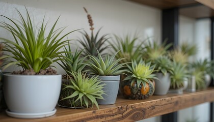 group of air plants arranged creatively on a wooden shelf.”
