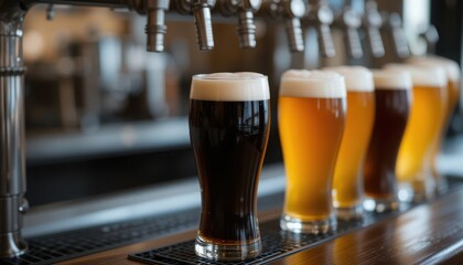 Assorted Craft Beers on Tap at a Modern Bar - Freshly Poured Pints with Rich Colors and Perfect Foam