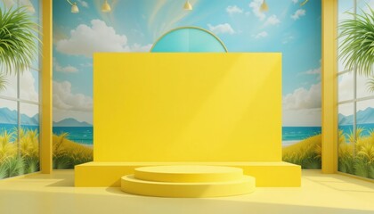 Bright Summer Beach Scene with Yellow Stage and Scenic Ocean Backdrop for Promotional Events and Advertising