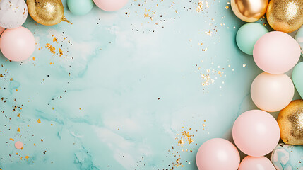 Pastel colored spheres and glitter on a blue background create a festive and elegant atmosphere.