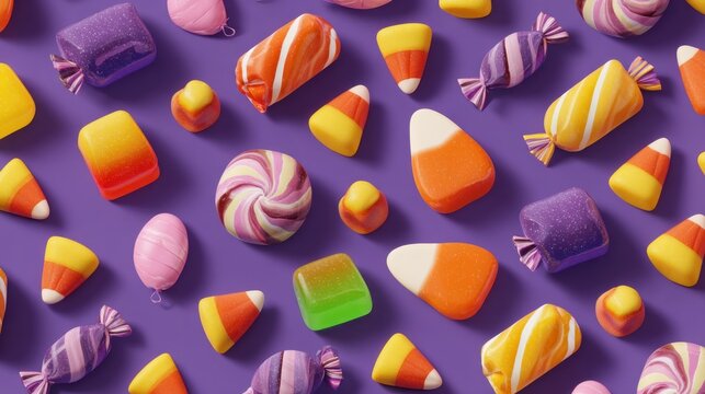 Colorful candy assortment on a purple background