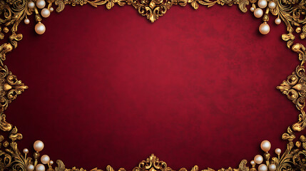Elegant red background adorned with ornate silver borders and pearls, perfect for invitations or announcements.