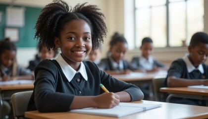 Diverse Classroom Scene Featuring Smiling Student Girl with Bright Expression, Focused Learning Environment with Classmates in Background
