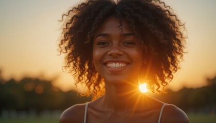 Vibrant Portrait of a Smiling Young Woman Outdoors at Sunset, Capturing Joy, Natural Beauty, and Warm Lighting for Lifestyle and Beauty Projects