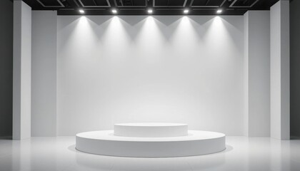 Modern Empty Exhibition Stage in Bright Gallery with Spotlights for Product Launches and Events
