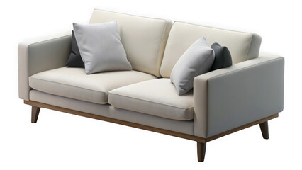 Cream sofa with pillows isolated on transparent background