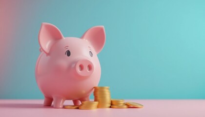 Cute Pink Piggy Bank with Gold Coins on Pastel Background - Financial Savings, Money Management, and Wealth Growth Concept