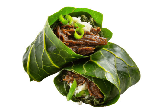 Mini Lu Pulu beef wraps filled with coconut cream in taro leaves, isolated on white transparent background. Concept of healthy vegetarian appetizer