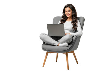 young business woman with laptop sitting on chair isolated 