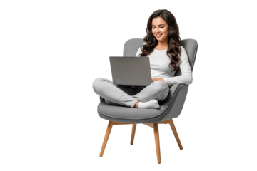 young business woman with laptop sitting on chair isolated