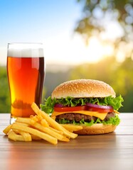 Burger, fries, and beer on a table outdoors
