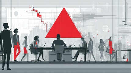 A diverse group of professionals collaborating in a modern office with abstract red graphics.