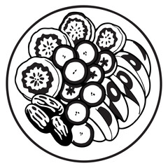 Diet menu in vector there are kiwi, apple, banana and dates on a plate in black and white illustration