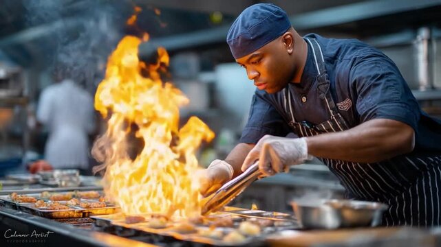 Culinary Flame: A chef orchestrates a symphony of flavors over an open flame in a high-end restaurant kitchen, his focused expression capturing the art of gastronomy.