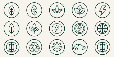 Collection of green circular icons with nature and eco-friendly symbols environment