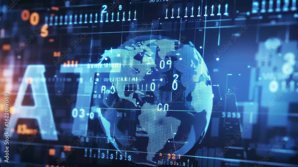 Poster global news coverage with time zones displayed on a dark digital background, news text over globe an