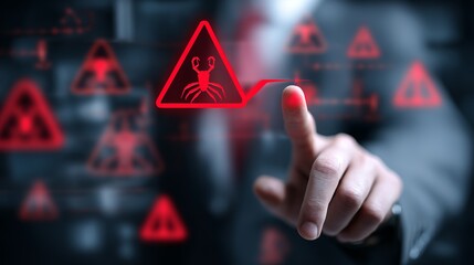 A businessman interacting with a digital warning interface featuring a red lobster icon, indicating potential cyber threats.