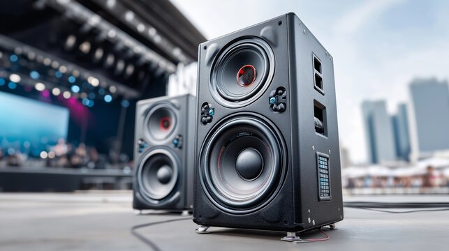 Massive concert speaker system positioned on outdoor performance stage delivering powerful sound during live music event, Generative AI