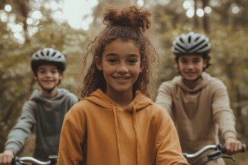 Portrait of a young family preparing for a bike ride, standing with their bicycles in the midst of nature, emphasizing family bonding and outdoor activities for a healthy lifestyle, Generative AI