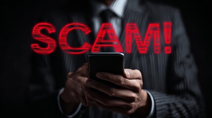 A concerned individual in a suit holds a smartphone, with the word 'SCAM!' boldly displayed in red overlay.