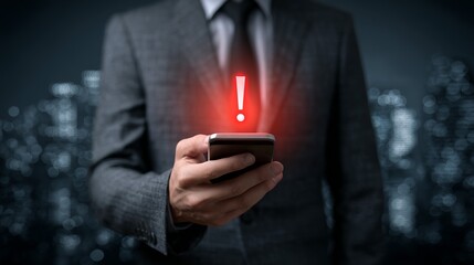 A man in a suit holds a smartphone with a red alert symbol, symbolizing urgency and important notifications.