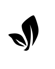 Minimalist black and white logo featuring two stylized leaves, symbolizing nature, growth, sustainability, eco-friendliness, freshness, and organic products.