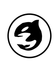 Minimalist black and white logo of a stylized whale inside a circle, representing marine life, ocean, strength, freedom, nature, and environmental awareness.