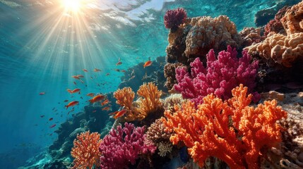 Obraz premium Vibrant coral reef, sunlight beams